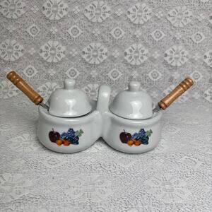 Houston Harvest Fruit Pattern Double Jar Condiment Spice Server w/ Lids & Spoons